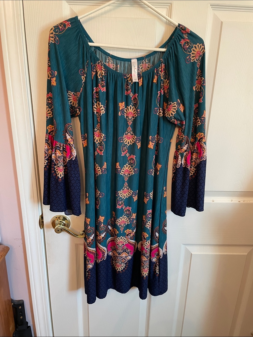 Teal Floral Long-Sleeve Boho Dress with Bell Sleeves